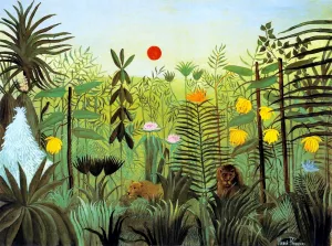 Exotic Landscape with Lion and Lioness in Africa by Henri Rousseau - Oil Painting Reproduction