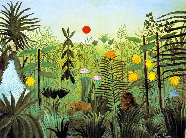 Main Product Photo of Exotic Landscape with Lion and Lioness in Africa Painting by Henri Rousseau