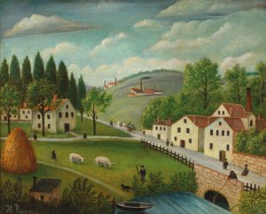 Pastoral landscape with stream, fisherman and strollers by Henri Rousseau Oil Painting
