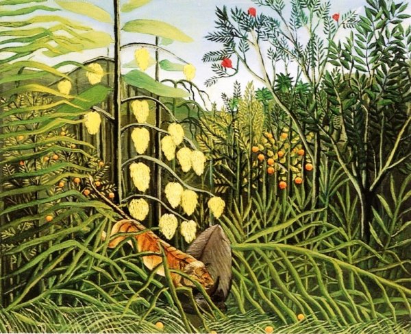 Main Product Photo of Tiger Attacking a Bull in a Tropical Forest Painting by Henri Rousseau