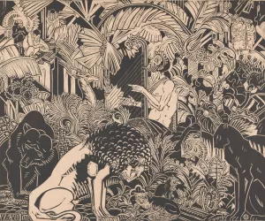 Orpheus speelt op zijn harp voor de dieren Oil painting by Henri Van Der Stok