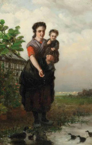 Feeding the ducks by Henri Van Seben Oil Painting
