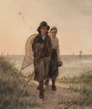 Fishermen's Children Playing by Henri Van Seben Oil Painting