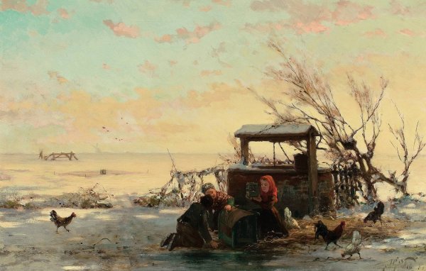 Winter Farm Scene  by Henri Van Seben - Hand-Painted Oil Painting Reproduction