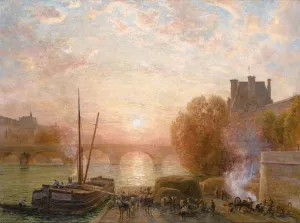 Paris, The Seine And The Louvre At Sunset by Henri Zuber Oil Painting