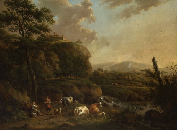 Mountain Landscape with Shepherds  by Henricus Josephus Antonissen - Hand-Painted Oil Painting Reproduction