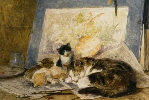 A Cat and her Kittens in the Artists Studio by Henriette Ronner-Knip - Oil Painting Reproduction