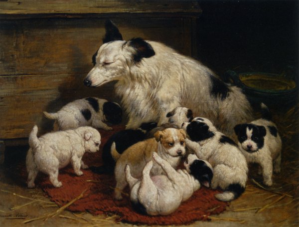 Main Product Photo of A Dog and Her Puppies Painting by Henriette Ronner-Knip