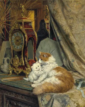 A Mother Cat and her Kitten with a Bracket Clock by Henriette Ronner-Knip Oil Painting