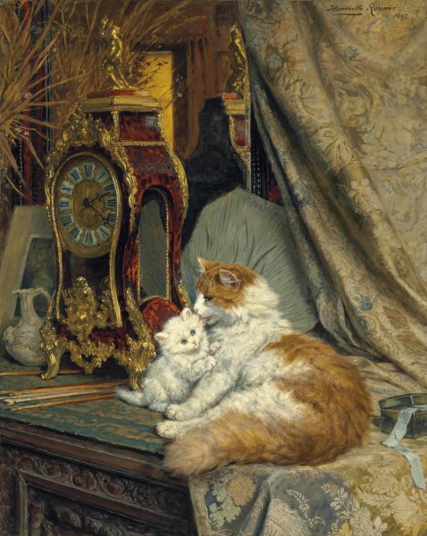 Main Product Photo of A Mother Cat and her Kitten with a Bracket Clock  Painting by Henriette Ronner-Knip