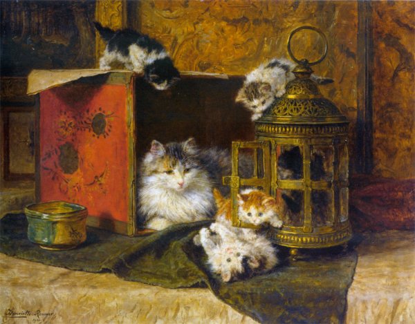 A Mother Cat Watching Her Kittens Playing by Henriette Ronner-Knip - Hand-Painted Oil Painting Reproduction