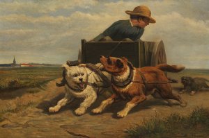 Boy with a dog cart by Henriette Ronner-Knip Oil Painting