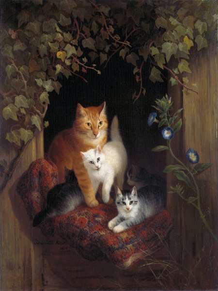 Main Product Photo of Cat with Kittens  Painting by Henriette Ronner-Knip
