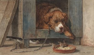 Kat bespiedt vogels bij een slapende hond by Henriette Ronner-Knip Oil Painting