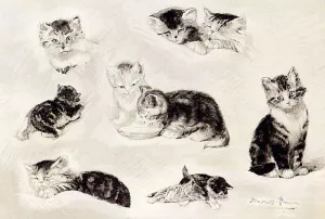 Study of Cats Drinking, Sleeping and Playing by Henriette Ronner-Knip Oil Painting