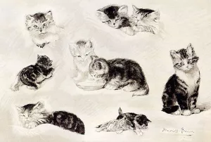 Study of Cats Drinking, Sleeping and Playing Oil painting by Henriette Ronner-Knip
