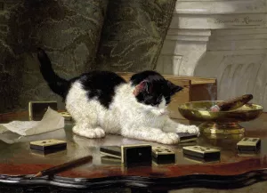 The Cat at Play by Henriette Ronner-Knip Oil Painting