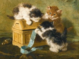 Three Kittens With A Casket And Blue Ribbon by Henriette Ronner-Knip Oil Painting