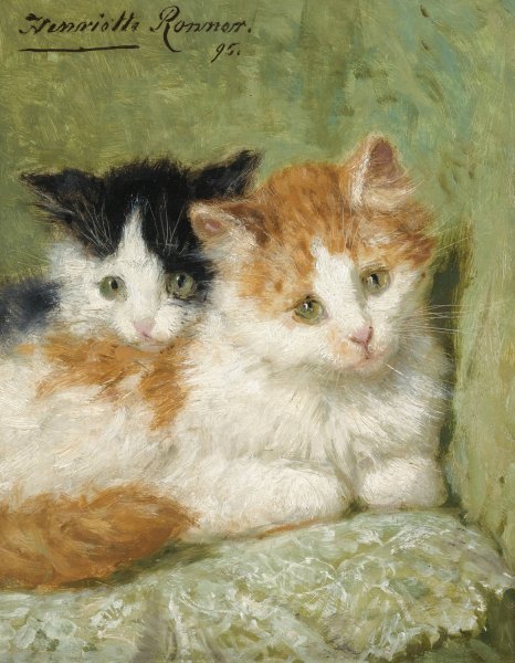 Main Product Photo of Two Kittens Sitting On A Cushion  Painting by Henriette Ronner-Knip