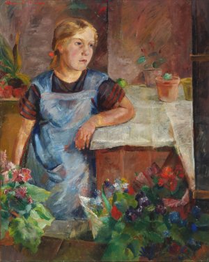 Fra en blomsterhandler med en pige spejdende ud ad vinduet by Henrik Nielsen Oil Painting