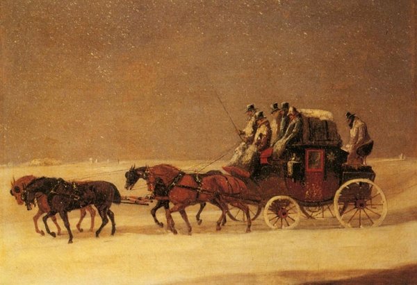 Main Product Photo of The Derby and London Royal Mail on the Open Road in Winter Painting by Henry Alken