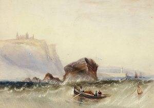 Three Men in Rowboat off Rocky Coast by Henry Barlow Carter Oil Painting