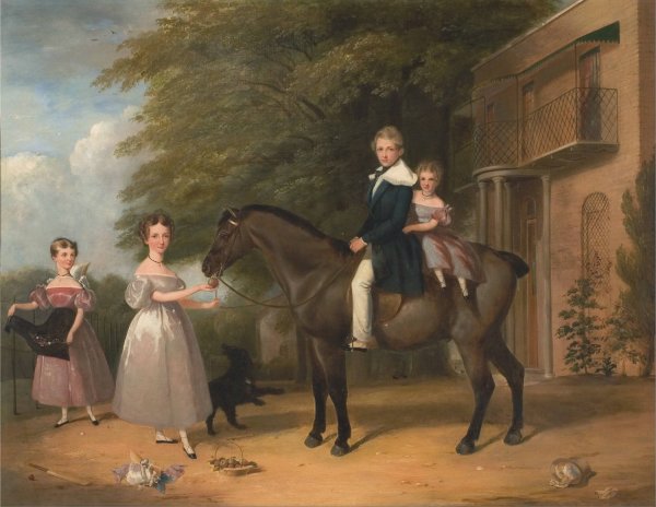 Children with Horse and Dog by Henry Barraud - Hand-Painted Oil Painting Reproduction