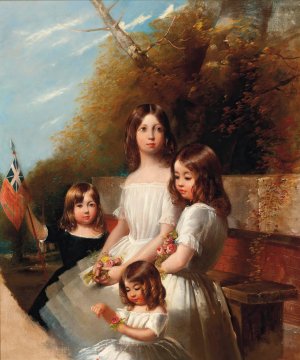 Group portrait of four children in a landscape by Henry Barraud Oil Painting