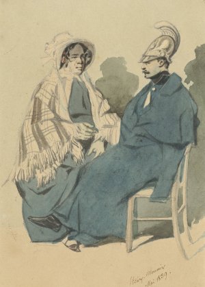 Kurassier met helm en blauwe mantel, zittend naast een oude dame in reistoilet by Henry Bonaventure Monnier Oil Painting