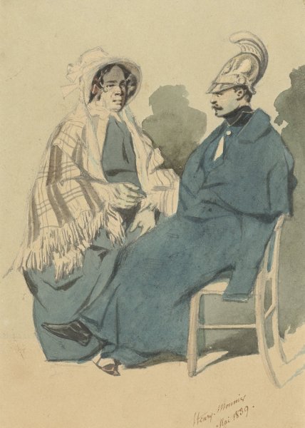 Main Product Photo of Kurassier met helm en blauwe mantel, zittend naast een oude dame in reistoilet  Painting by Henry Bonaventure Monnier