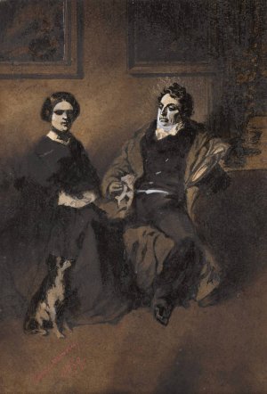 Portrait of the actor Frederick Lemaitre with his wife and dog by Henry Bonaventure Monnier Oil Painting