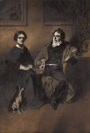 Portrait of the actor Frederick Lemaitre with his wife and dog Oil painting by Henry Bonaventure Monnier