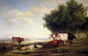 Cattle and Sheep in a River Landscape by Henry Brittan Willis Oil Painting