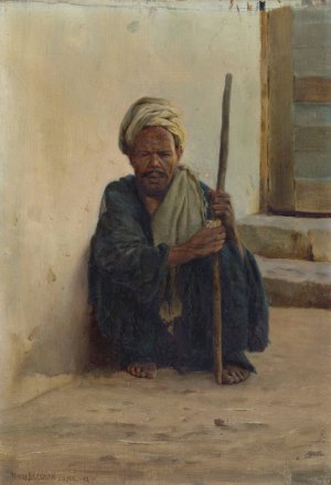 Louxor, arabe tenant un baton assis dans une rue by Henry Brokman Oil Painting