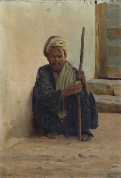 Louxor, arabe tenant un baton assis dans une rue  by Henry Brokman - Hand-Painted Oil Painting Reproduction