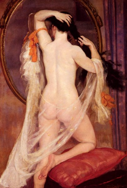 Nu Au Miroir by Henry Caro-Delvaille - Hand-Painted Oil Painting Reproduction