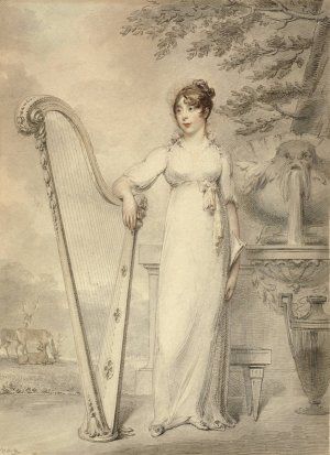 Full-length portrait of 'Miss V. Dupuis'resting her arm on a harp. In the background a fountain and a landscape with deer by Henry Edridge Oil Painting
