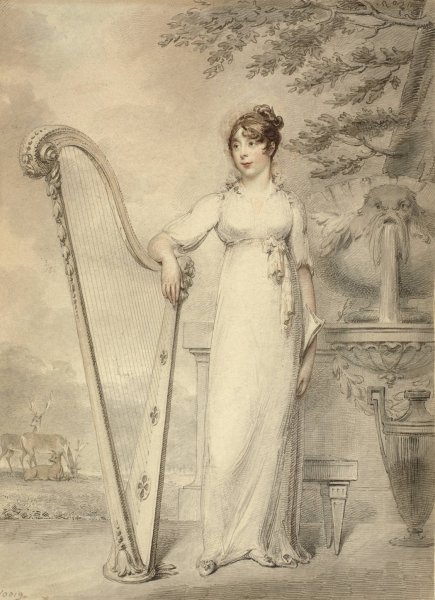Full-length portrait of 'Miss V. Dupuis'resting her arm on a harp. In the background a fountain and a landscape with deer  by Henry Edridge - Hand-Painted Oil Painting Reproduction