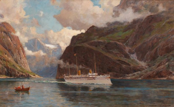 Fjord Landscape with Passenger Ship by Henry Enfield - Hand-Painted Oil Painting Reproduction