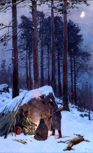 Moonlit Indian Encampment by Henry Farny - Oil Painting Reproduction