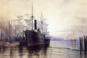 Sunset, New York Harbor by Henry Farrer - Oil Painting Reproduction