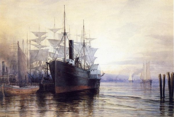Sunset, New York Harbor by Henry Farrer - Hand-Painted Oil Painting Reproduction