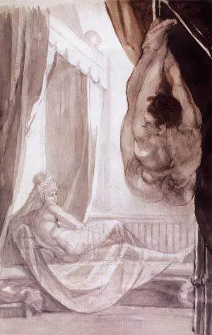 Brunhilde Observing Gunther, Whom She Has Tied to the Ceiling by Henry Fuseli Oil Painting