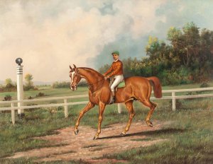 Chestnut Racehorse with Jockey Up on a Training Track with a Wooded Landscape Beyond by Henry Herman Cross Oil Painting