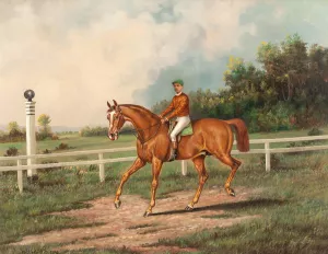 Chestnut Racehorse with Jockey Up on a Training Track with a Wooded Landscape Beyond by Henry Herman Cross Oil Painting