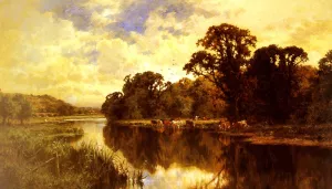 Cattle Watering on a Riverbank by Henry Hillier Parker - Oil Painting Reproduction