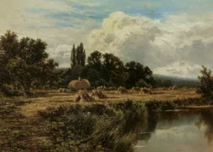 Harvesting on the Banks of the Thames Oil painting by Henry Hillier Parker