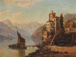 Loading barges at a villa, Lake Como Oil painting by Henry Jackel