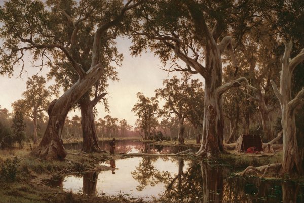 Evening shadows, backwater of the Murray, South Australia  by Henry James Johnstone - Hand-Painted Oil Painting Reproduction