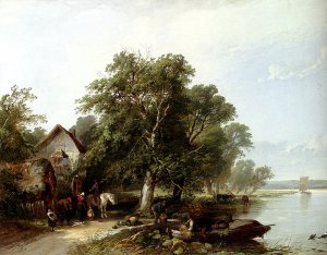 River Landscape with Figures Loading a Boat by Henry John Boddington Oil Painting
